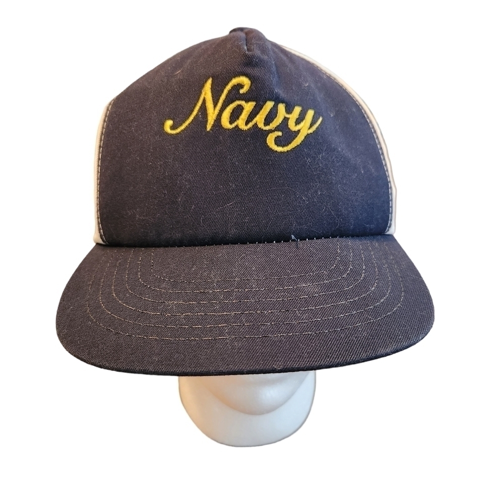 Vintage Navy Snapback Hat Spellout Barker Specialty Made In USA Hat Adult OSFA